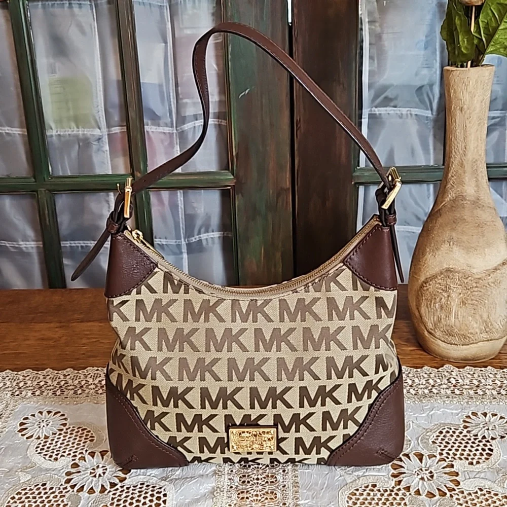 Michael Kors Millbrook Signature MK Brown Tan Jacquard Leather Shoulder Hobo Bag - Picture 1 of 12